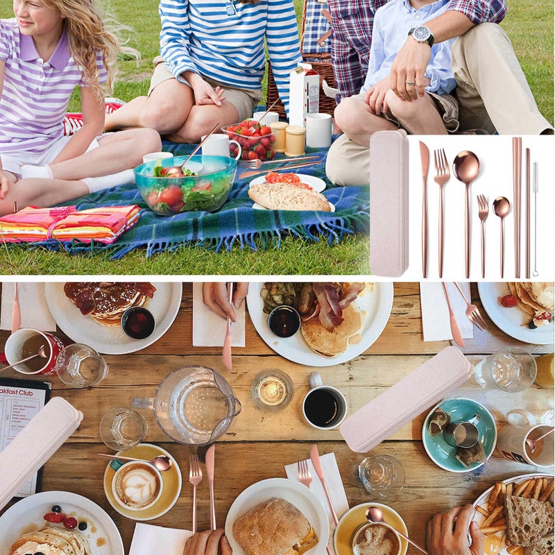 AARAINBOW 8 Pieces Stainless Steel Flatware Set Portable Reusable Cutlery Set Travel Utensils Set Including Chopsticks Knife Fork Spoon Straws Cleaning Brush Dishwasher Safe (Rose Golden) - Image 5